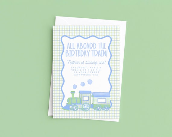 Train Edit Print Invitation: Blue Gingham Birthday Theme, Customizable Digital Invite (Downloadable JPG & PDF, Boys Party)