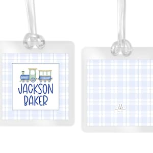 Personalized Train Bag Tag, Laminated Backpack Tag, Blue Gingham Watercolor, Kids School, Daycare, Luggage Tag