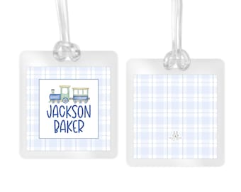 Personalized Train Bag Tag, Laminated Backpack Tag, Blue Gingham Watercolor, Kids School, Daycare, Luggage Tag