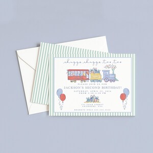 May include: A birthday invitation with a train illustration. The invitation features a red train car, a blue train engine, and balloons. The text reads "Jackson's Second Birthday!" and includes the date, time, and location.