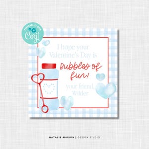 May include: A blue and white gingham patterned card with a red border. The card has a message that says "I hope your Valentine's Day is Bubbles of fun!" with a blue bottle of bubbles and a red wand with a heart-shaped loop. The card is signed "your friend, Wilder".