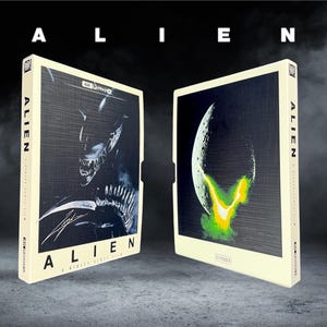 May include: Two 4K Ultra HD Alien film cases with cream-coloured spines and borders. The left case features a dark, detailed illustration of the creature with the text ALIEN A RIDLEY SCOTT FILM. The right case shows a crescent moon and green glow.