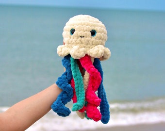 Crocheted Jellyfish Plushie in Coral Reef Multi | Handmade multi-colored jellyfish stuffed animal