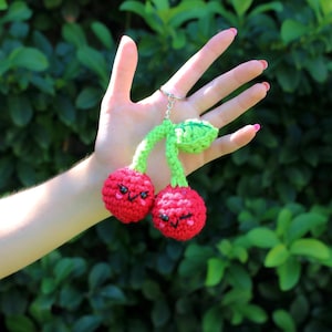 Sweet twin cherries keychain for bags or keys handmade crochet amigurumi fruit food charm image 1