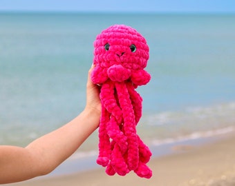 Crocheted Jellyfish Plushie in Hibiscus Pink | Handmade Hot Pink Jellyfish Amigurumi Stuffed Animal