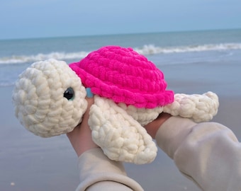 Crocheted Sea Turtle Plushie in Hot Pink | Handmade Strawberry beach turtle amigurumi stuffed animal