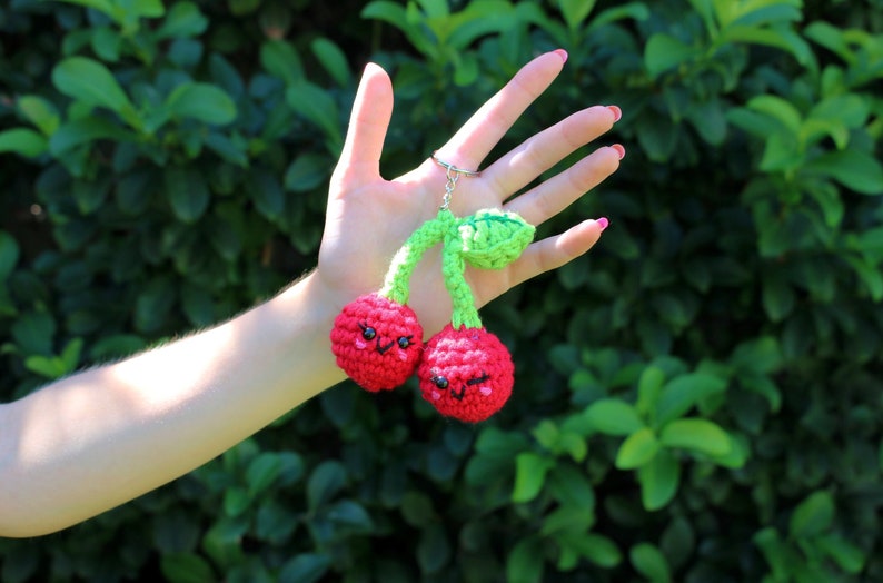 Sweet twin cherries keychain for bags or keys handmade crochet amigurumi fruit food charm image 1