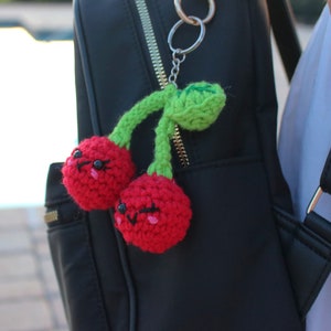 Sweet twin cherries keychain for bags or keys handmade crochet amigurumi fruit food charm image 4