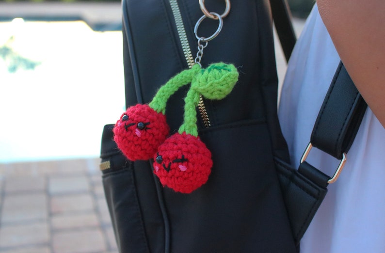 Sweet twin cherries keychain for bags or keys handmade crochet amigurumi fruit food charm image 4