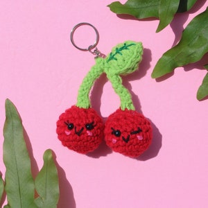 Sweet twin cherries keychain for bags or keys handmade crochet amigurumi fruit food charm image 2