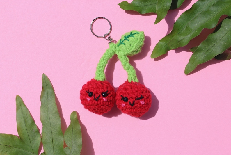 Sweet twin cherries keychain for bags or keys handmade crochet amigurumi fruit food charm image 2