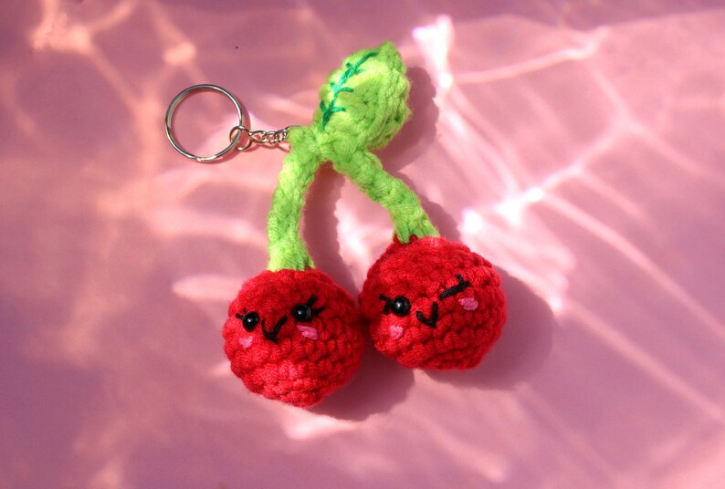 Sweet twin cherries keychain for bags or keys handmade crochet amigurumi fruit food charm image 3
