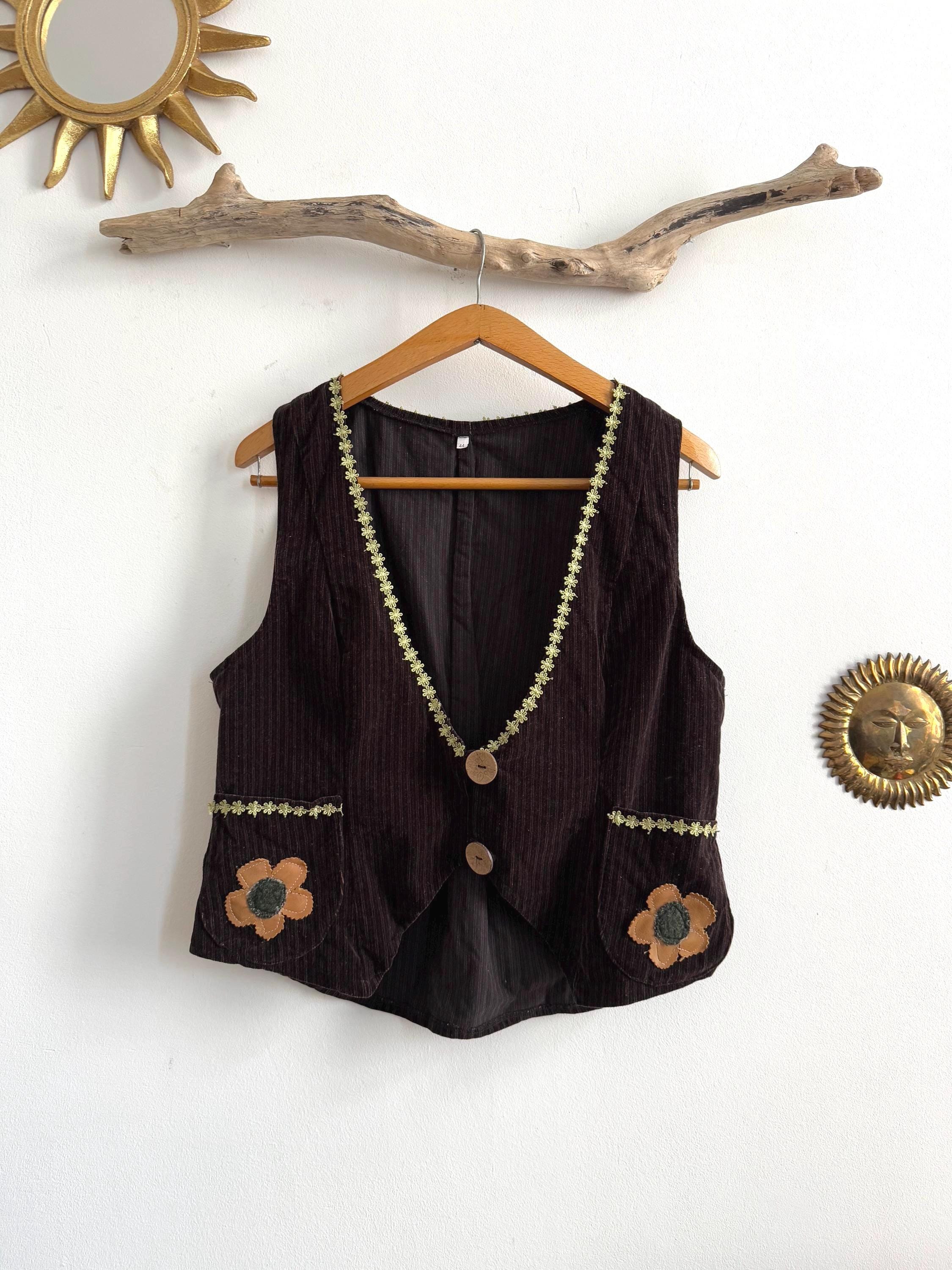 最大80％オフ Brown 70s Vintage Cord Flower Leather Vest Pinstriped Velvet トップス