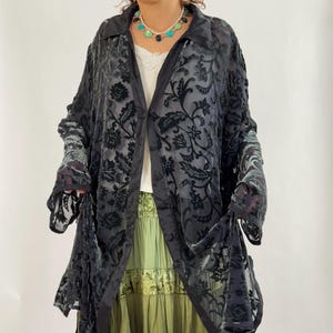 Vintage Black Burnout Velvet Duster Sheer Silk Mesh Whimsigoth Shirt Goth Boho Phoebe Buffay Floral Medieval Kimono Coat Plus Size Blouse