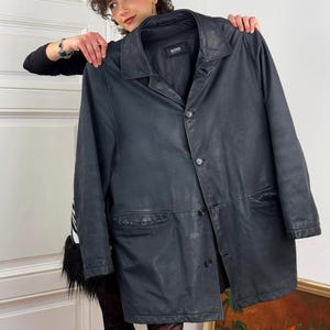 vintage veste en cuir véritable Hugo Boss - manteau en cuir noir surdimensionné, vêtements pour hommes L / vêtements pour femmes XL, minimaliste des années 90, unisexe, streetwear an 2000