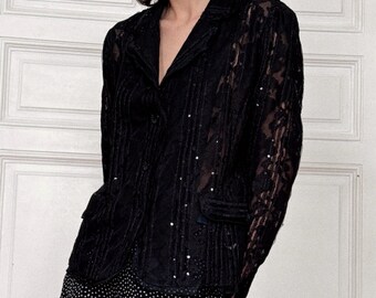 Vintage Sheer Lace Blazer Black Sequins Occasion Evening Party Cropped Cinced waist