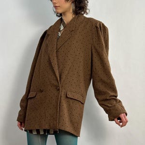 Vintage 80s Wool Brown Blazer Black Polka Dots Puff Shoulder Elevated Basic