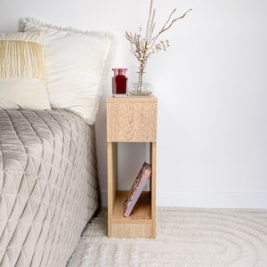 Narrow stylish side table Small nightstand with storage Tall entryway table Cabinet for living room Small minimalism table
