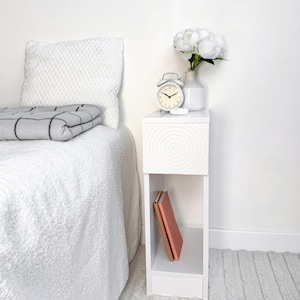 Mini bedside table Lovely small table Narrow tall side table Compact cabinet Narrow side table with one drawer Unusual end table small space