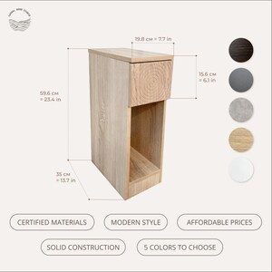 May include: A light wood-tone side table with a drawer and open shelf. The table is 23.4 inches tall, 13.7 inches wide, and 7.7 inches deep. The image shows the table's dimensions and color options. The text reads "Certified Materials", "Modern Style", and "5 Colors to Choose".