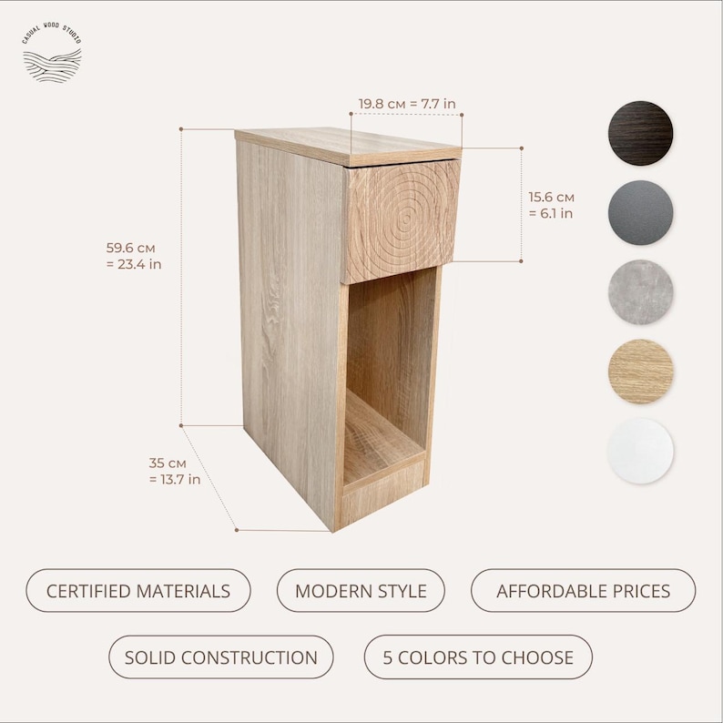 May include: A light wood-tone side table with a drawer and open shelf. The table is 23.4 inches tall, 13.7 inches wide, and 7.7 inches deep. The image shows the table's dimensions and color options. The text reads "Certified Materials", "Modern Style", and "5 Colors to Choose".