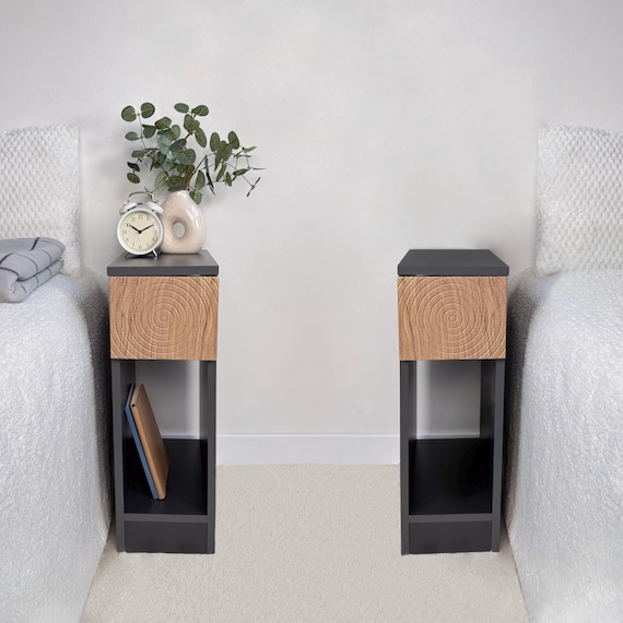 Narrow Nightstand Pair, Modern Bedside Table with Drawer, Small Space Furniture