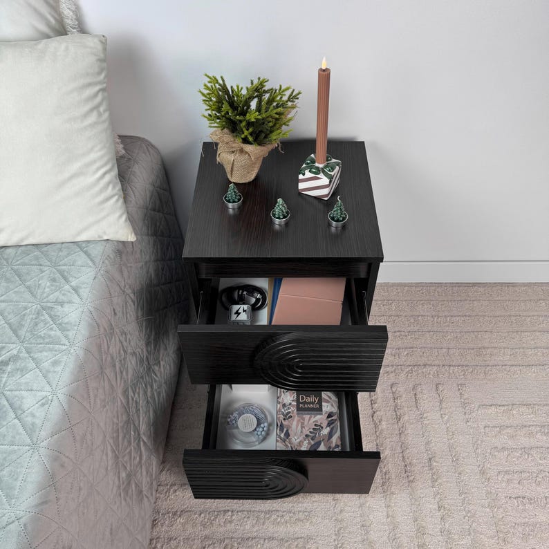 Modern White Nightstand, Two-Drawer Bedside Table with Hidden Compartment image 7