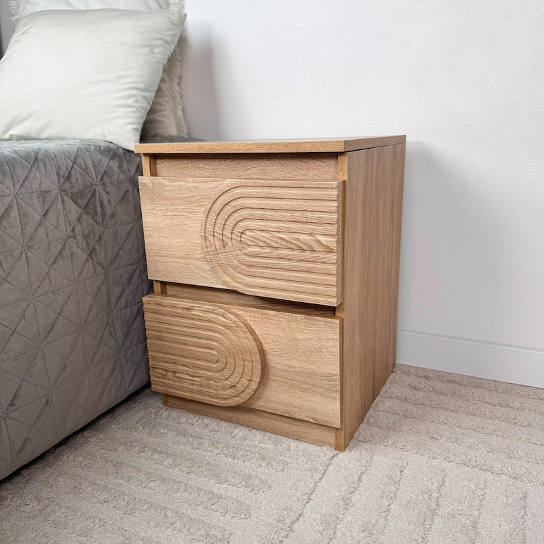 Modern White Nightstand, Two-Drawer Bedside Table with Hidden Compartment Sonoma Oak