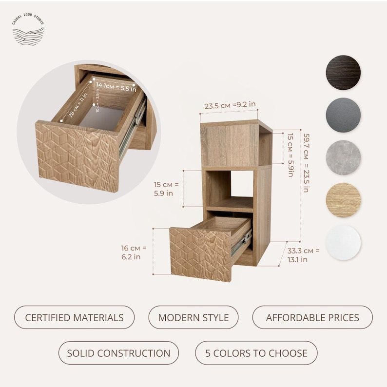 May include: A light brown wooden nightstand with two drawers and open shelving. The dimensions are 13.1 inches wide, 23.5 inches tall, and 6.2 inches deep. The drawer is 5.5 inches deep and 11 inches wide. The nightstand is available in 5 colors.