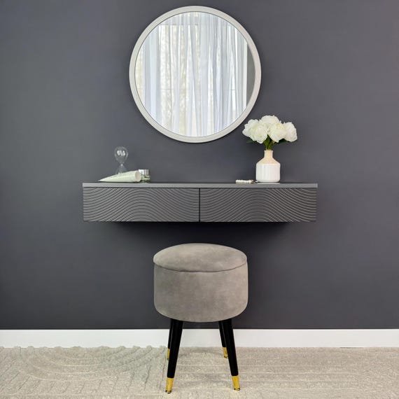 modern grey dressing table Gray Makeup Vanity Set with Side Cabinet Dressing Table with Mirror & Drawers main image 0