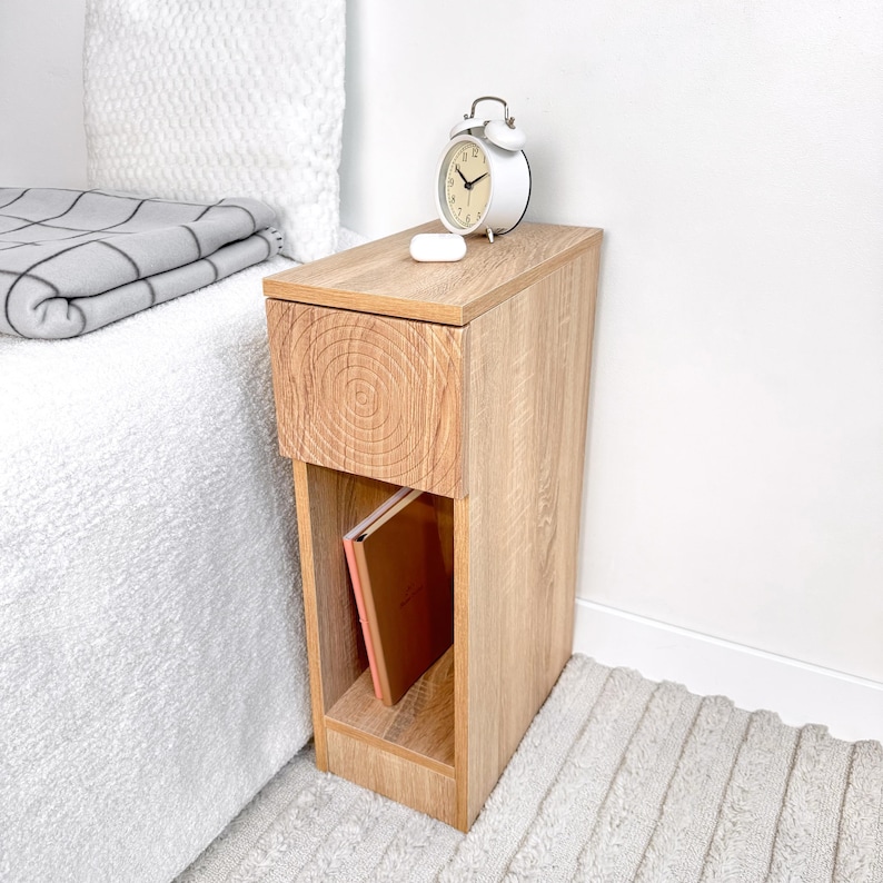 narrow nightstands
side table
sofa arm table
narrow side table
narrow end table
unusual end table
mall space storage