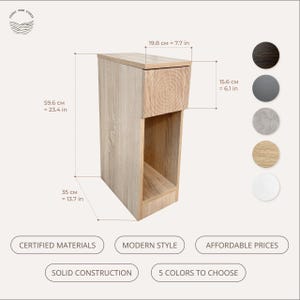 May include: A light-colored wooden side table with a drawer and open shelf. The table is 23.4 inches tall, 13.7 inches wide, and 7.7 inches deep. The image also shows five color options and the text "CERTIFIED MATERIALS", "MODERN STYLE", "AFFORDABLE PRICES", "SOLID CONSTRUCTION", and "5 COLORS TO CHOOSE".