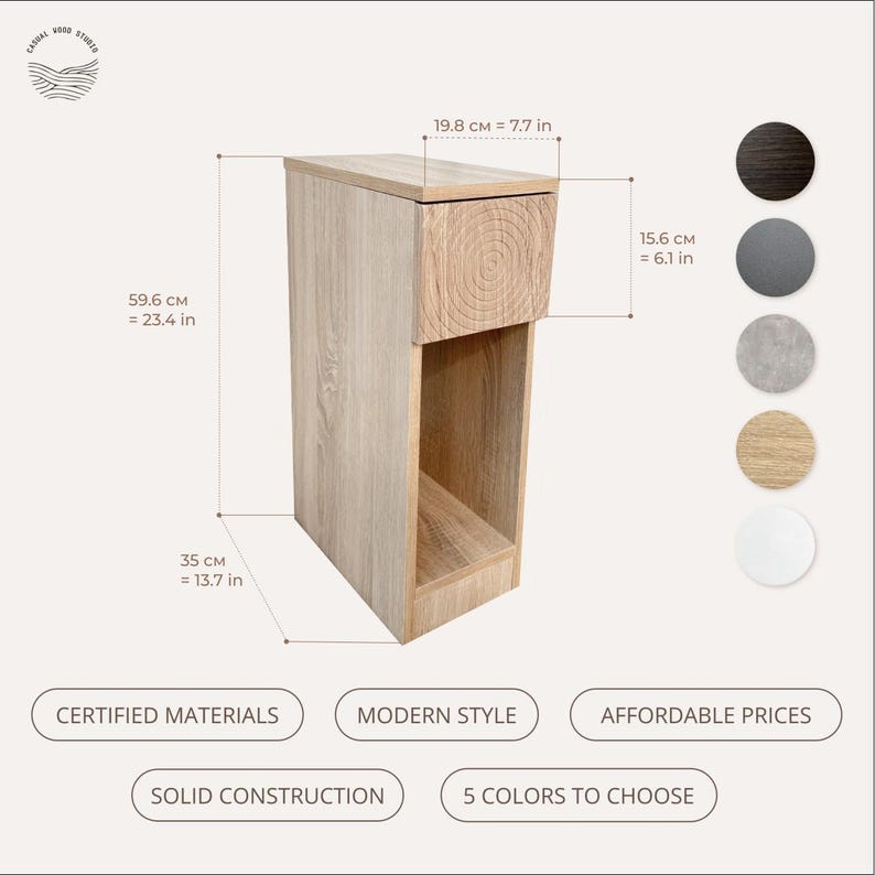 May include: A light-colored wooden side table with a drawer and open shelf. The table is 23.4 inches tall, 13.7 inches wide, and 7.7 inches deep. The image also shows five color options and the text "CERTIFIED MATERIALS", "MODERN STYLE", "AFFORDABLE PRICES", "SOLID CONSTRUCTION", and "5 COLORS TO CHOOSE".