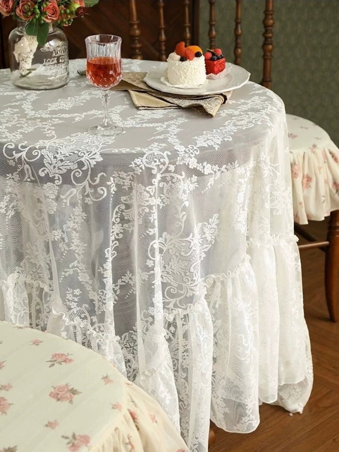Patdrea Vintage Ruffle Tablecloth For Round Tables,Farmhouse Embroidered Cotton White Lace Table Cloth Cover Decor For Dining Room Wedding Banquet