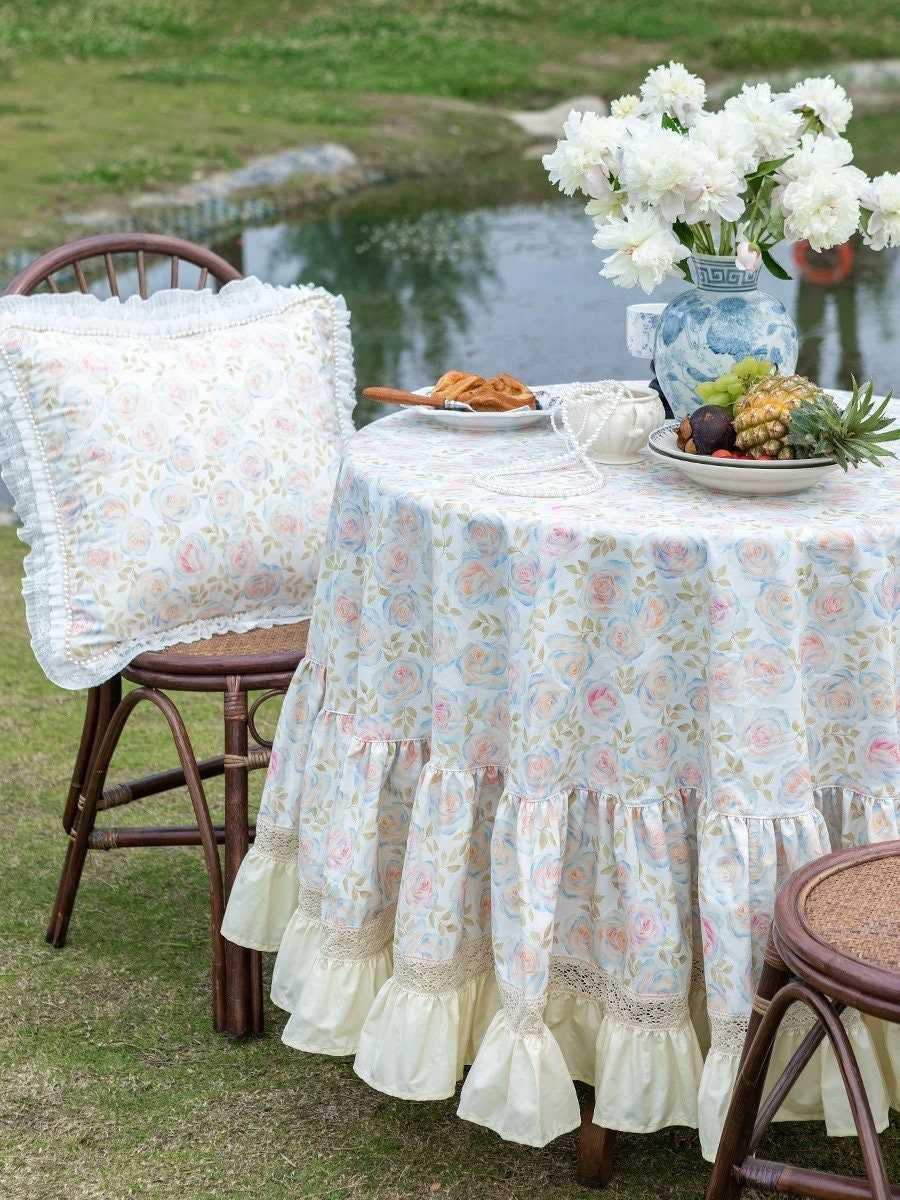 Floral Cotton TableCloth | Lace Country Farmhouse Style Ruffle Tablecloth | Wedding Table Decor | Cottage Table Accessory