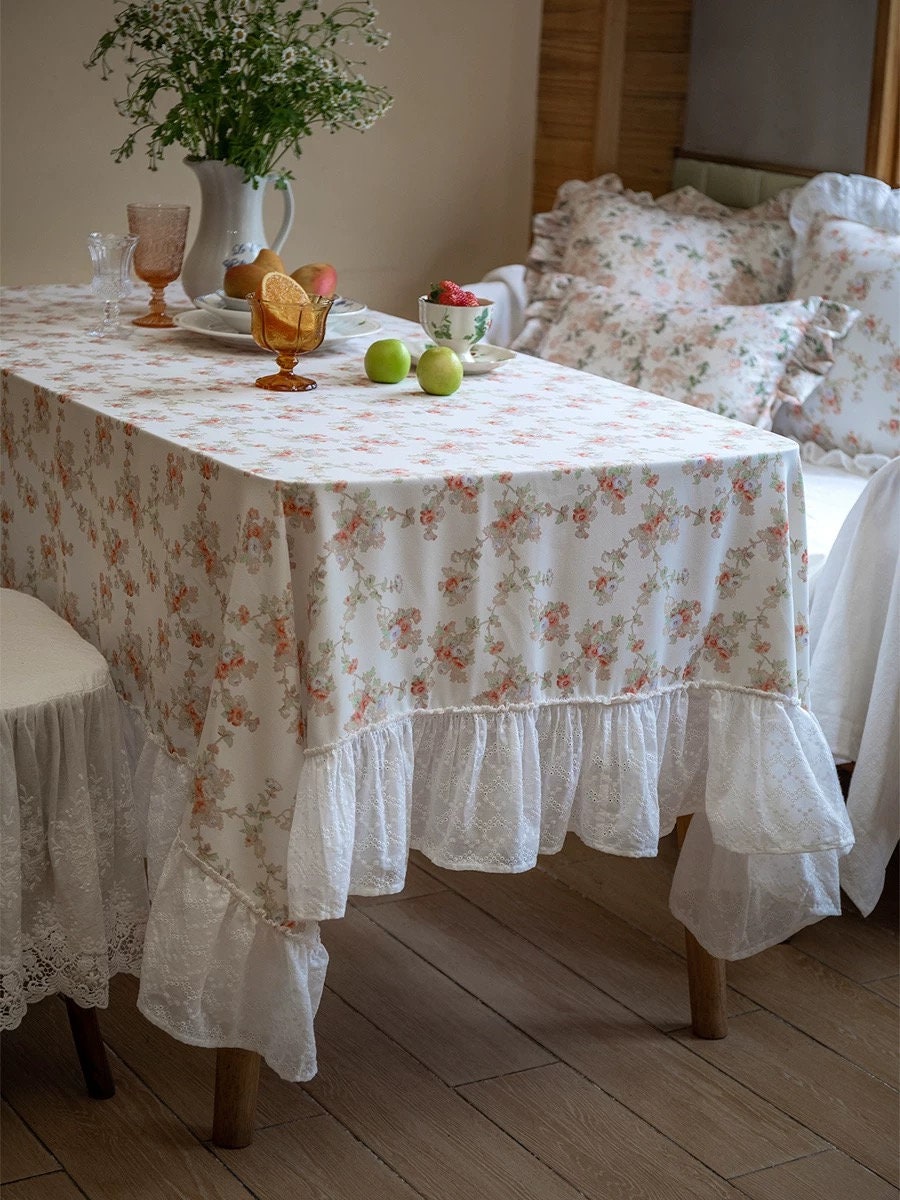 Vintage French Country Style Tablecloth Floral Ruffle Tablecloth
