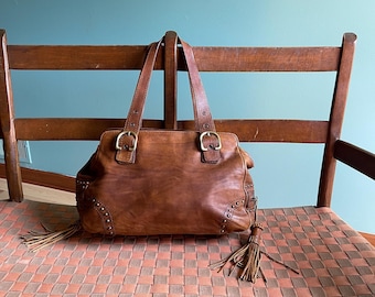Italian Lock & Key Genuine Ostrich Embossed Leather Handbag