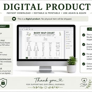 Könnte beinhalten: Darstellung eines digitalen Produkts mit einem Computerbildschirm, der eine Körperkarten zeigt. Das Bild enthält Text, der darauf hinweist, dass es sich um einen sofortigen Download handelt, der bearbeitet und gedruckt werden kann. A4-Größe, 21,0 x 29,7 cm. Eine kleine Pflanze steht neben dem Monitor.
