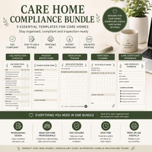 May include: A bundle of 5 essential templates for care homes, including a CQC inspection checklist, incident report form, medication tracker, staff rota planner, and care certificate workbook. The templates are designed to help care homes stay organized and compliant.