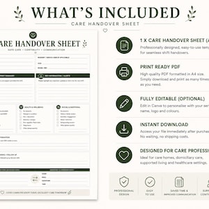 Può includere: Un modello di foglio di consegna delle cure bianco con accenti e testo verdi. Il foglio include sezioni per riepiloghi di cure e supporto, farmaci, salute e informazioni sociali. Il testo recita "What's Included" e "Care Handover Sheet".