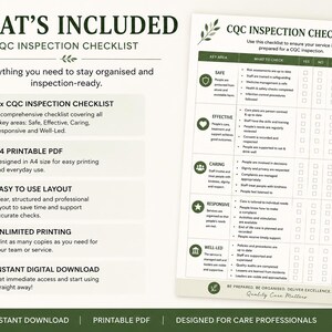 May include: A digital CQC inspection checklist, designed for care professionals. The checklist includes key areas such as Safe, Effective, Caring, Responsive, and Well-Led. It is available as an A4 printable PDF for easy use.