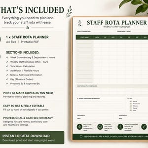 以下が含まれることがあります： 「Staff Rota Planner Weekly Staff Schedule」のテキストが入った、印刷可能なスタッフローテーションプランナー。プランナーには、週ごとのスケジュール、合計時間などのセクションが含まれています。介護施設や医療機関向けに設計されています。