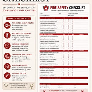 May include: Fire safety checklist template for care homes and healthcare settings. Includes sections for fire exits, equipment, general safety, training, and additional notes. Printable PDF for immediate download.