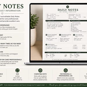 May include: A laptop displays a "Daily Notes" template designed for care professionals. The template includes sections for care, wellbeing, and communication. The screen also shows a small plant in a white pot and a white mug.