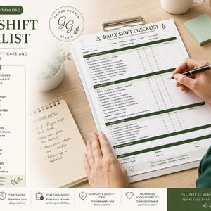May include: A digital download titled "Daily Shift Checklist" with a green and white design. The checklist is on a clipboard, with a person writing on it. A notepad with handwritten notes is also visible.