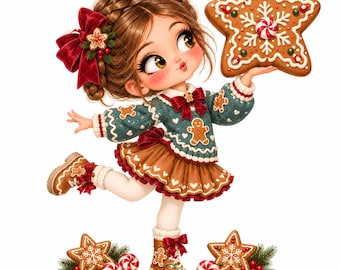 Christmas Gingerbread Girl Clipart, Watercolor Gingerbread Girl JPEG, Cute Holiday Digital Art for Sublimation, Mugs, Shirts, Totes & Crafts