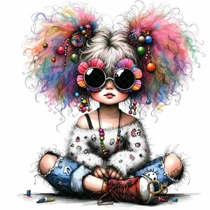Peut inclure: Illustration fantaisiste d'une figure assise avec de grandes lunettes de soleil rondes orn&eacute;es de p&eacute;tales de fleurs color&eacute;s. La figure a des cheveux aux couleurs de l'arc-en-ciel et porte un pull blanc avec un motif l&eacute;opard et un jean bleu.