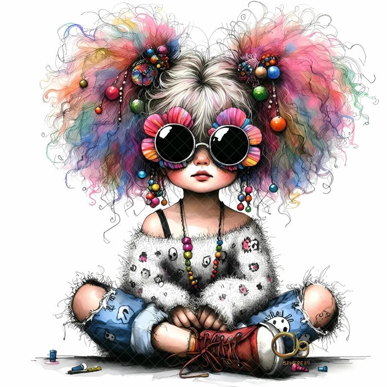 Peut inclure: Illustration fantaisiste d'une figure assise avec de grandes lunettes de soleil rondes orn&eacute;es de p&eacute;tales de fleurs color&eacute;s. La figure a des cheveux aux couleurs de l'arc-en-ciel et porte un pull blanc avec un motif l&eacute;opard et un jean bleu.