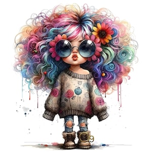 Peut inclure: Illustration &agrave; l'aquarelle d'une poup&eacute;e aux cheveux boucl&eacute;s multicolores. La poup&eacute;e porte de grandes lunettes de soleil avec des fleurs, un pull &agrave; motifs, un jean d&eacute;chir&eacute; et des bottes. Le th&egrave;me g&eacute;n&eacute;ral est ludique et artistique.
