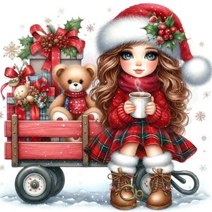 Cute Christmas Girl Clipart, 12 High Res JPGs Watercolor Santa Girl in Red Wagon, Santa Hat, Hot Cocoa, Winter Clip Art, Xmas Paper crafts